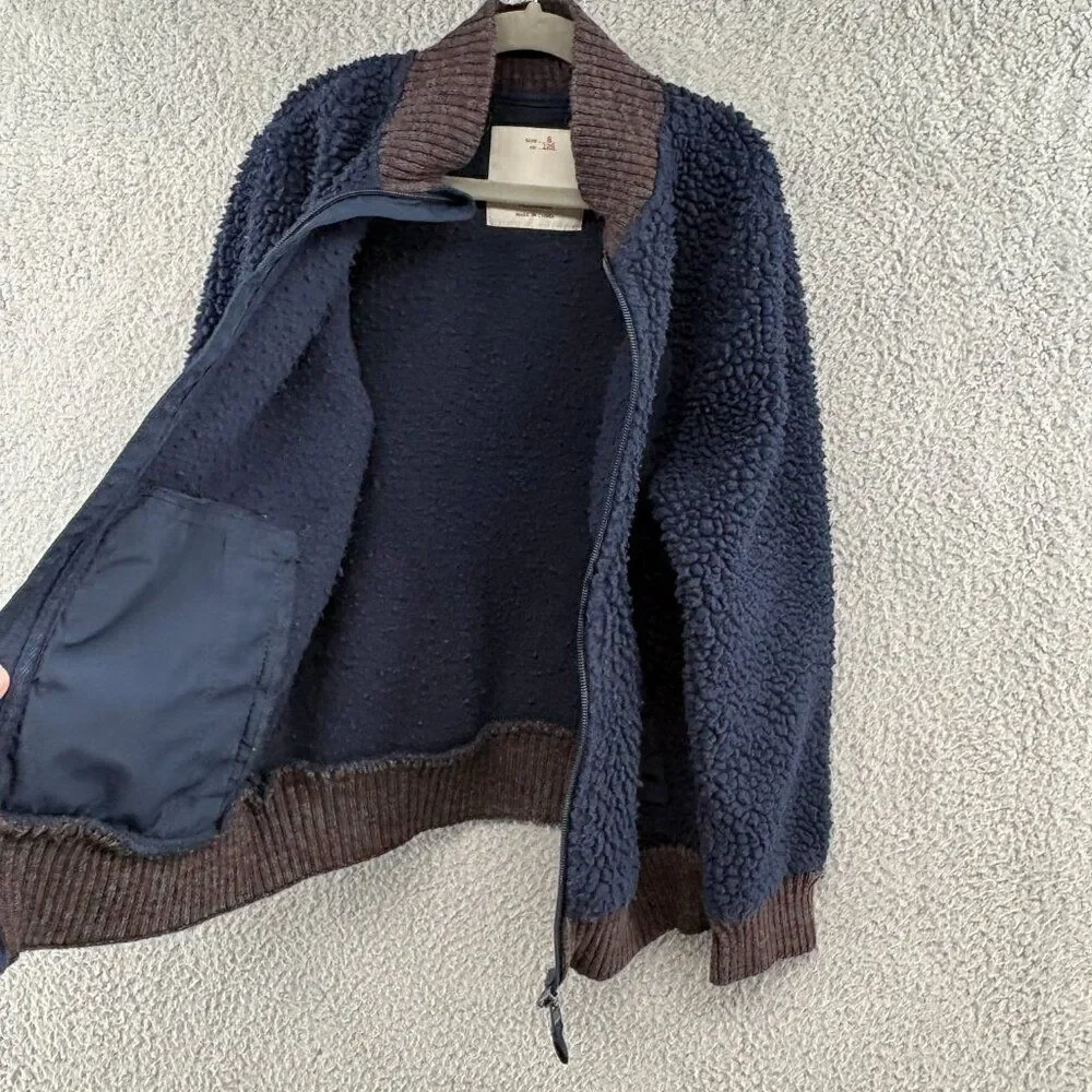Zara Boys Sherpa Bomber Jacket size 8 navy blue brown trim